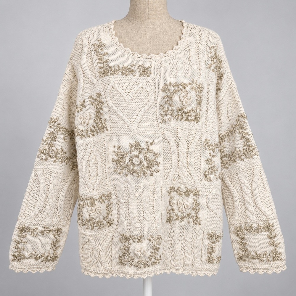 Vintage 90s Hand Knit Floral Embroidered Patchwork Sweater Sz L Cream Cable Knit